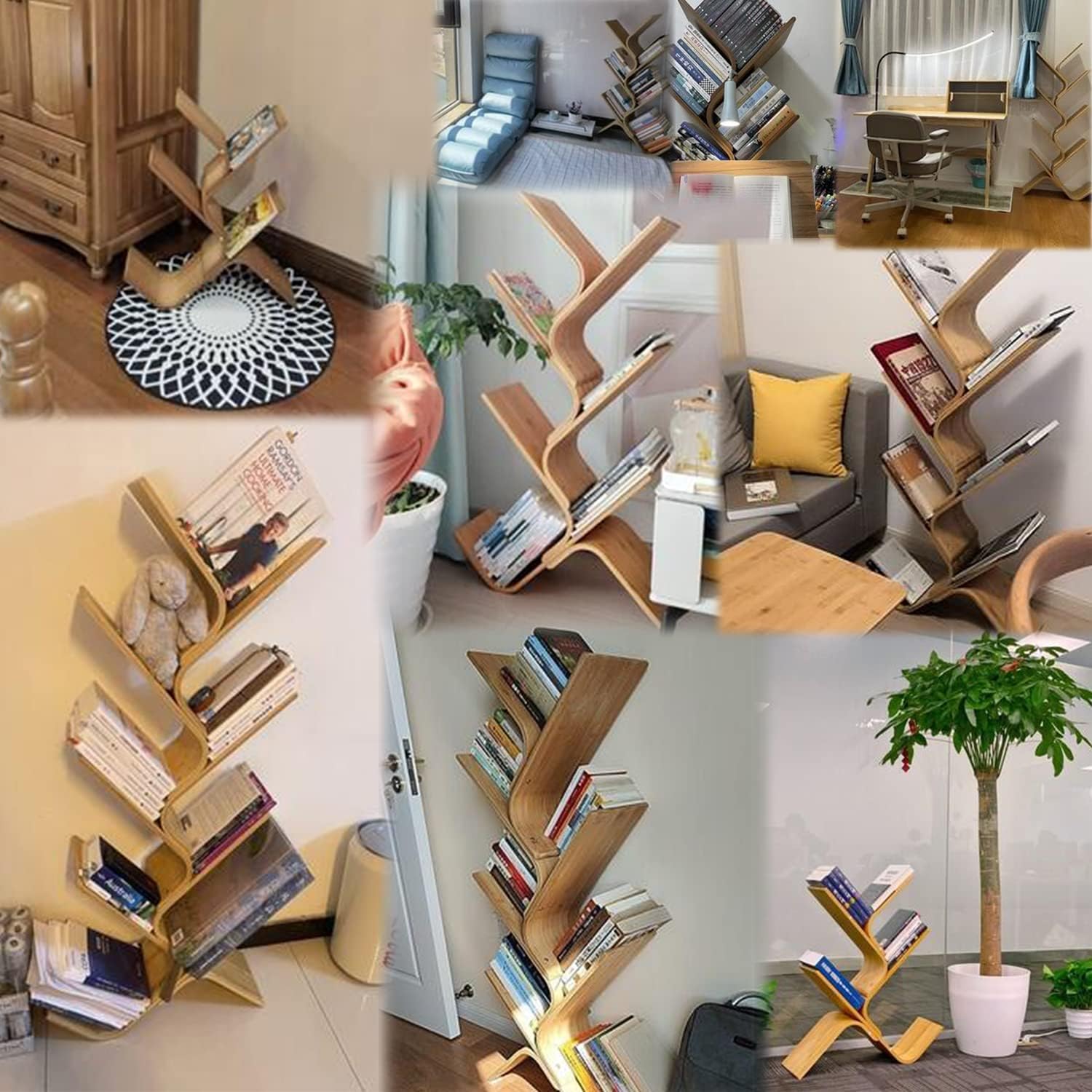 8-Tier Floor Bamboo Tree Bookshelf, Modern Standing Bookcase Office Book Storage Creative Curved Rack Organizer Shelves, Book Shelf Space Saver for Home Living Room Corner Bedroom