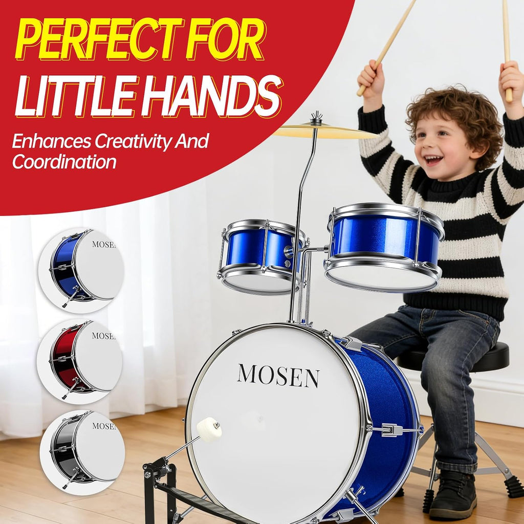 MOSEN Drum Set for Kids, 3-Piece Beginner Drum Kit with 14' Bass Drum, Tom Snare Drums, Adjustable Throne, Cymbal, Pedal & Drumsticks, Drums for Junior Kids Ages 5-9 - Blue