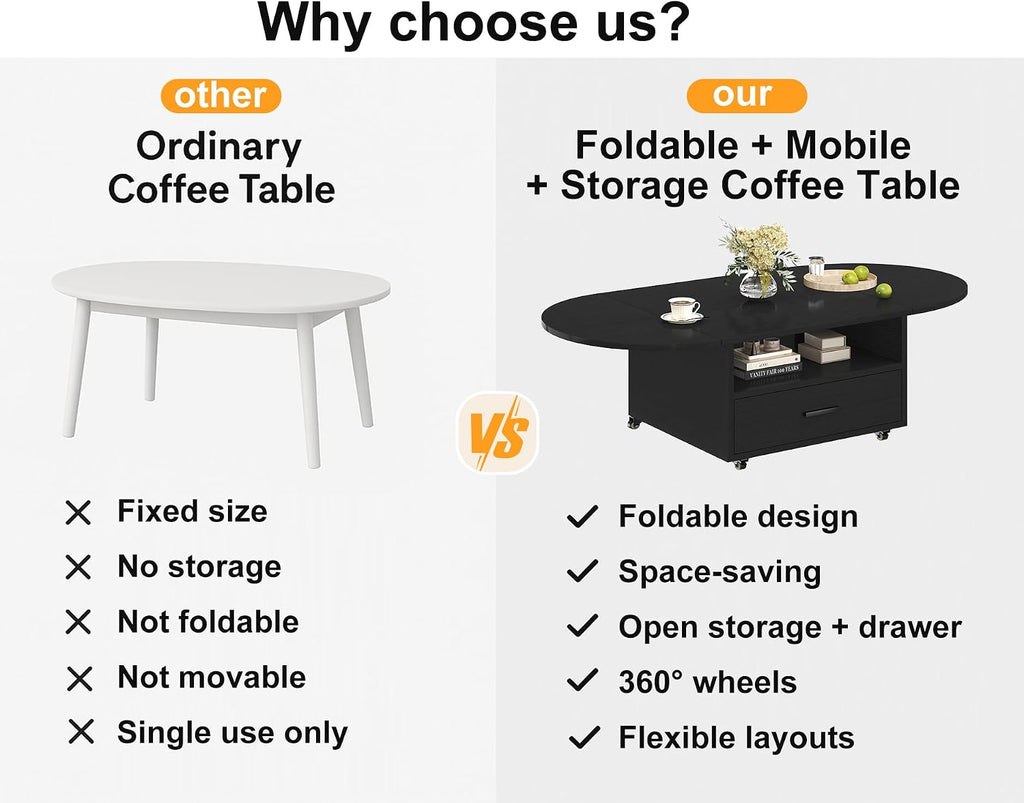 IBF Black Coffee Table with Drawer, Oval Foldable Center Table with Storage, Modern Wood Living Room Table with Wheels, Multifunctional Extendable Tea Table for Home Bedroom Office, Black Oak, 47 Inch