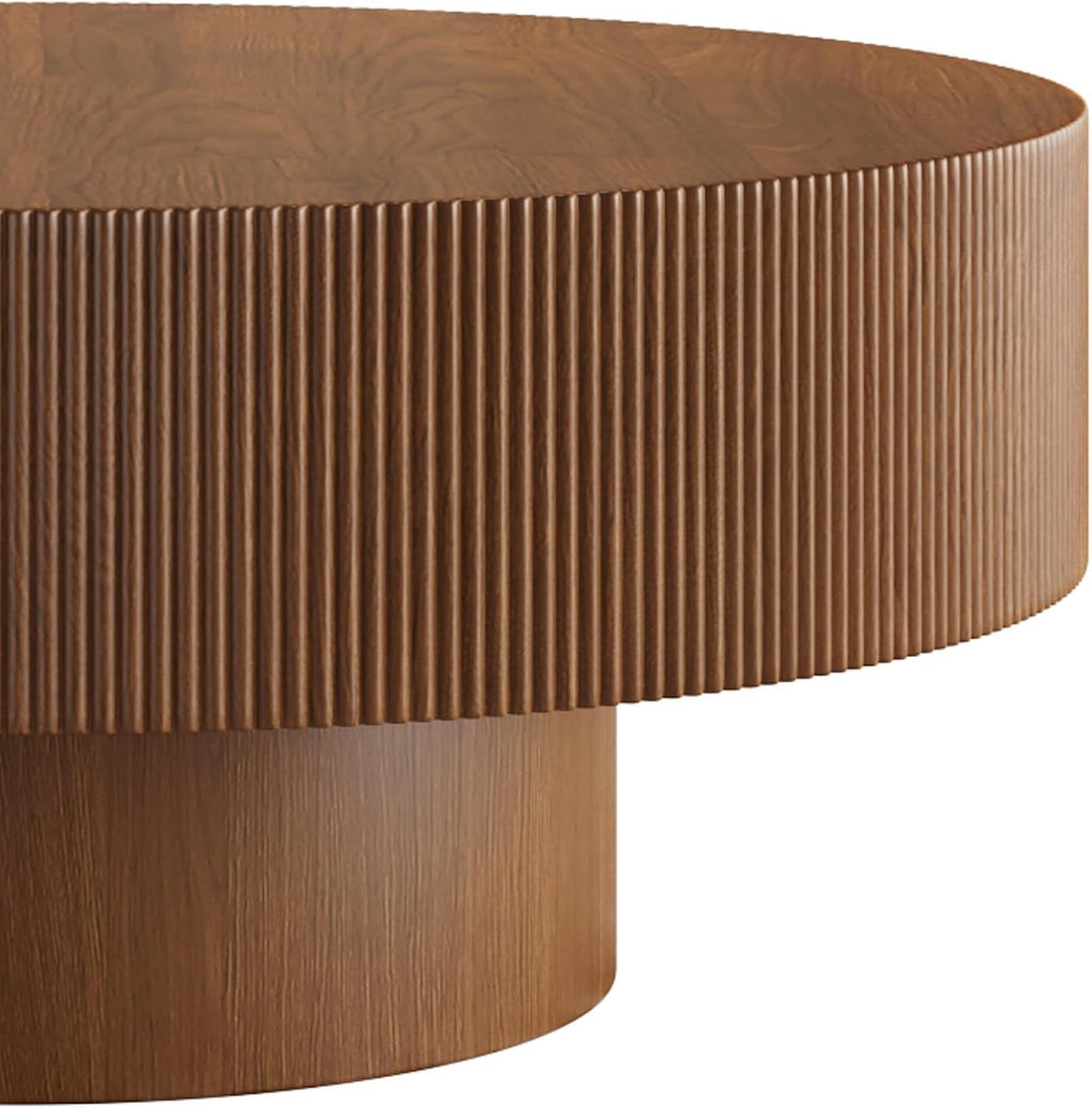 LUMISOL Modern Round Coffee Table for Living Room, Fluted Center Table with Thick Tabletop, Wave Design Drum Tea Tables, Circle End Table with Sturdy Base, 31.5' W*13.7' H, Walnut