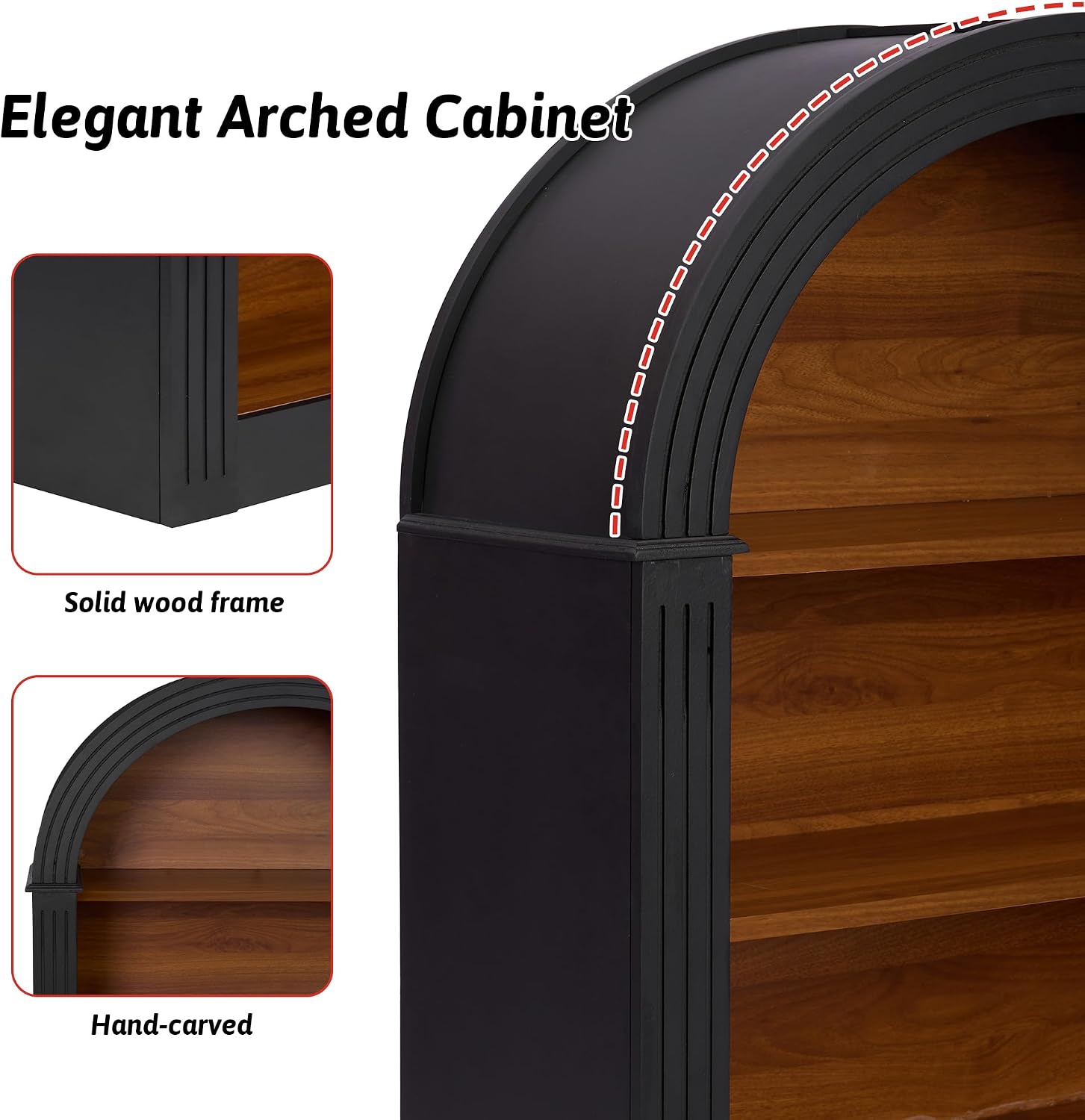 Black Arched Bookcase,Short Wide Bookshelf,Short Corner Bookshelf,Arched Display Cabinet with Open Shelf for Bedroom, Living Room