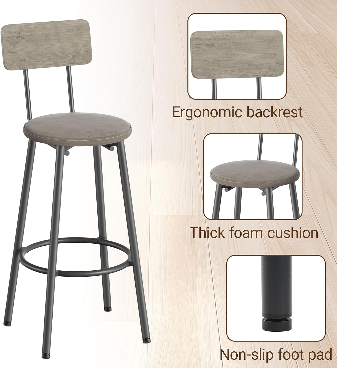 Elevon 47 in Long Bar Table Set with 4 PU Leather Bar Stools, Dining Table and Chair Sets, Industrial Tall Coffee Table and Back Chair for Kitchen, Living Room, Party Room, Pub, Rustic Gray