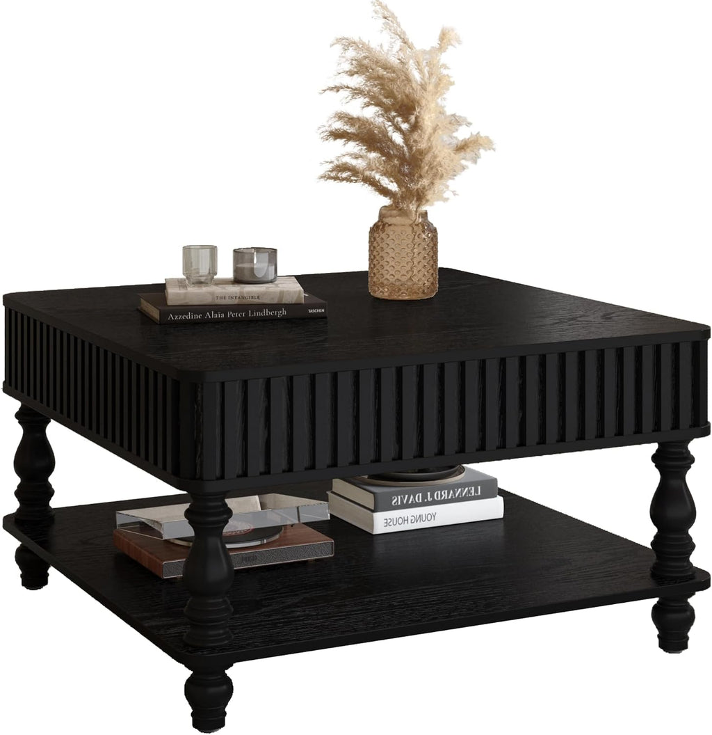 HARR Lift Top Square Coffee Table with Storage, 31.5'' Sofa Side End Table, Fluted Design Hydraulic Raising Mechanism, Hidden Compartment & Open Shelf, Retro Solid Wood Legs for Living Room, Black