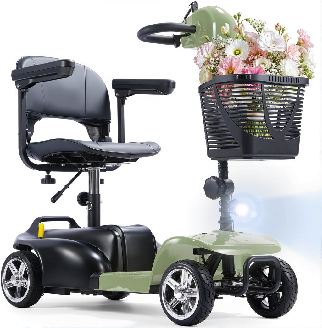 SAYYEAH 4 Wheels Mobility Scooter for Adults&Seniors, Max Speed:6mph, Mobility Scooter for Travel, with LED Headlights and Basket, Charger Included, (Purple/red/Blue/Silver) (Green)