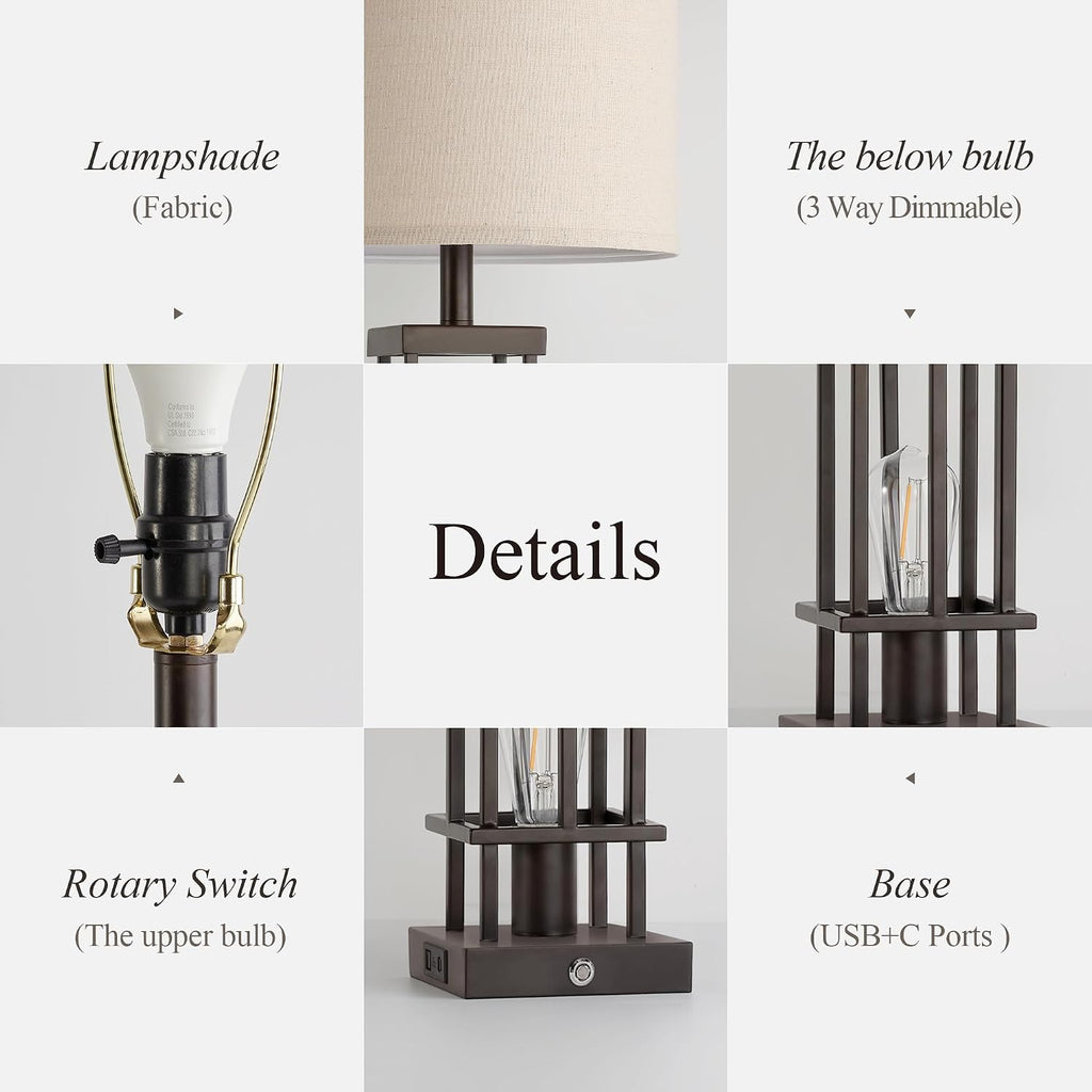29.5' Table Lamps for Living Room Set of 2, Farmhouse Table Lamps with USB C+A Ports, Touch Control Bedside Lamps with Oil Rubbed Bronze Finish, Bulbs Included