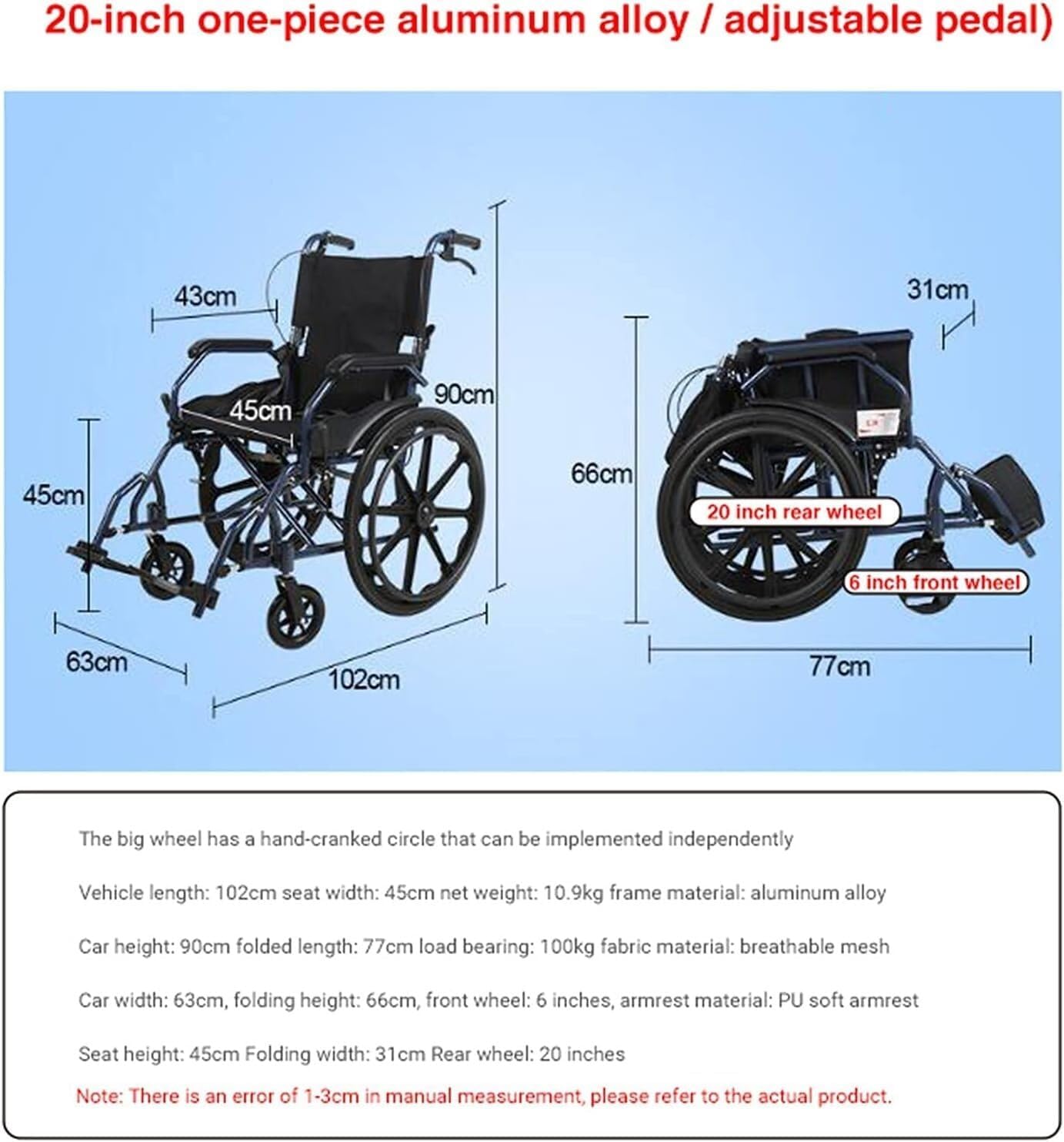 Wheelchairs Folding Wheelchairs, Self Propelled Wheelchairs Super Lightweight Aluminium Folding Transit Wheelchair with 20 Inch Extra Wide Seat, Elderly Disabled Travel Mobility Scooter