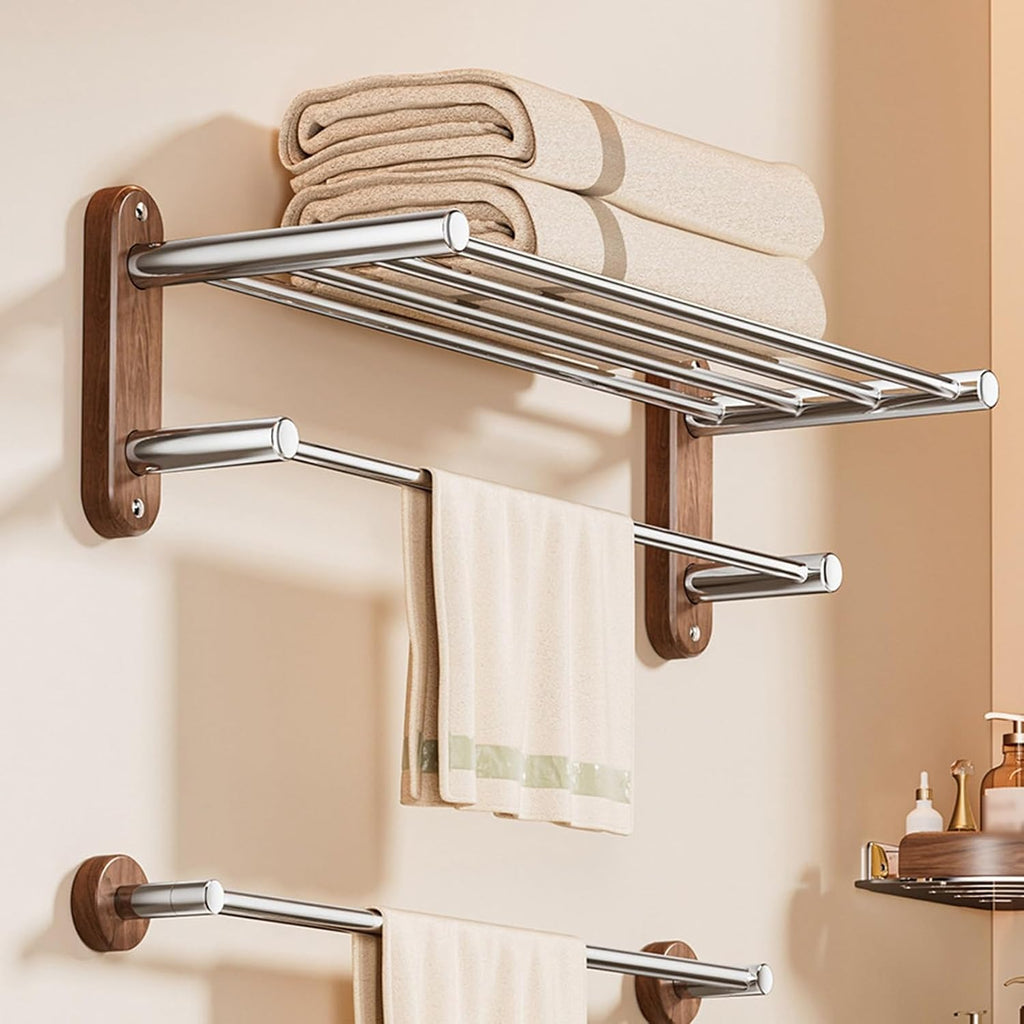 Stainless Steel+Solid Wood Towel Rack,Double Layer Bar Wall Mounted,Two Installation Methods,Bathroom Accessories,for Bedroom Bathroom Kitchen(17x18.7x50cm)