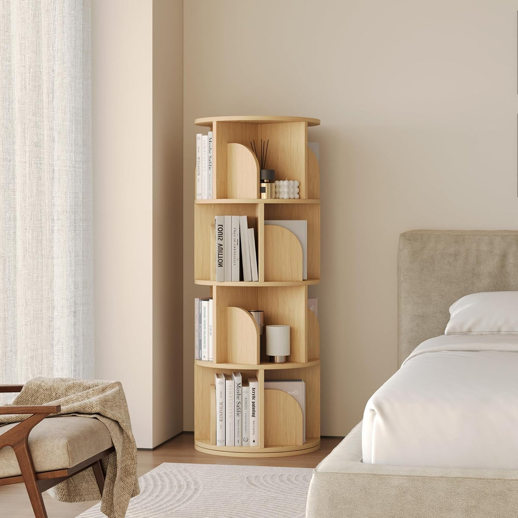 YOWOS Rotating Bookshelf, Small Corner Bookshelf for Small Space, 360 Display Floor Standing Bookcase Storage Rack, Wood Narrow Book Shelf Organizer for Bedroom, Living Room (Wood, 4 Tiers)