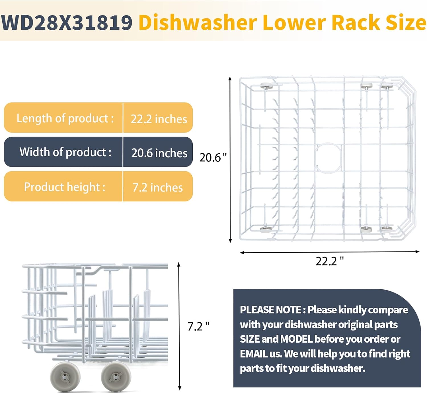 Allstare WD28X31819 WD28X10284 Dishwasher Lower Rack Replacement Parts for GE Dishwasher Parts Lower Dishrack Assembly with Wheels ADW1100N10WW GSD2100V55BB GE Dishwasher Bottom Rack