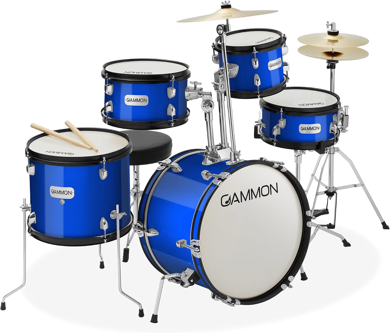 Gammon Percussion 5-Piece Junior Starter Drum Kit with Cymbals, Hardware, Sticks, & Throne - Blue