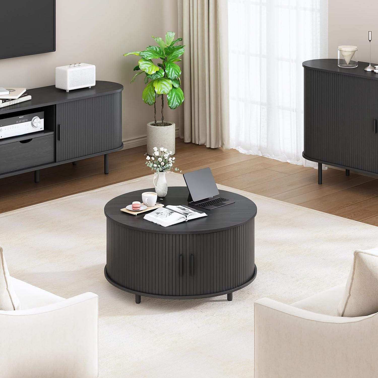 31.5 Inch Round Coffee Table, Fluted Coffee Tables with Storage, Mid-Century Modern Center Tables, Living Room Table with Sliding Door and Wood Handle for Living Room, Black