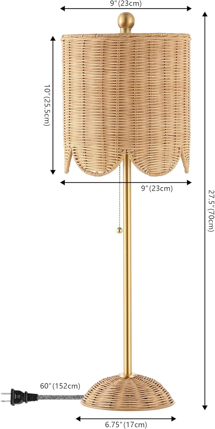 JONATHAN Y 27.5' Brass Gold Coastal Buffet Table Lamp Set of 2 for Bedroom, Boho Table Lamps with Natural Rattan Scalloped Shade, Pull Chain, LED Bulbs Included JYL1138A-SET2