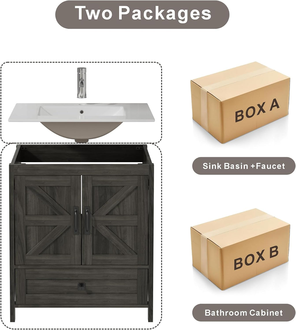KIGOTY 30 Inch Farmhouse Vanity for Bathroom with Ceramic Sink, Vanity Sink Cabinet with Faucet, Wooden Sink Vanity, Freestanding Bathroom Sink and Cabinet, Bathroom Furniture Set