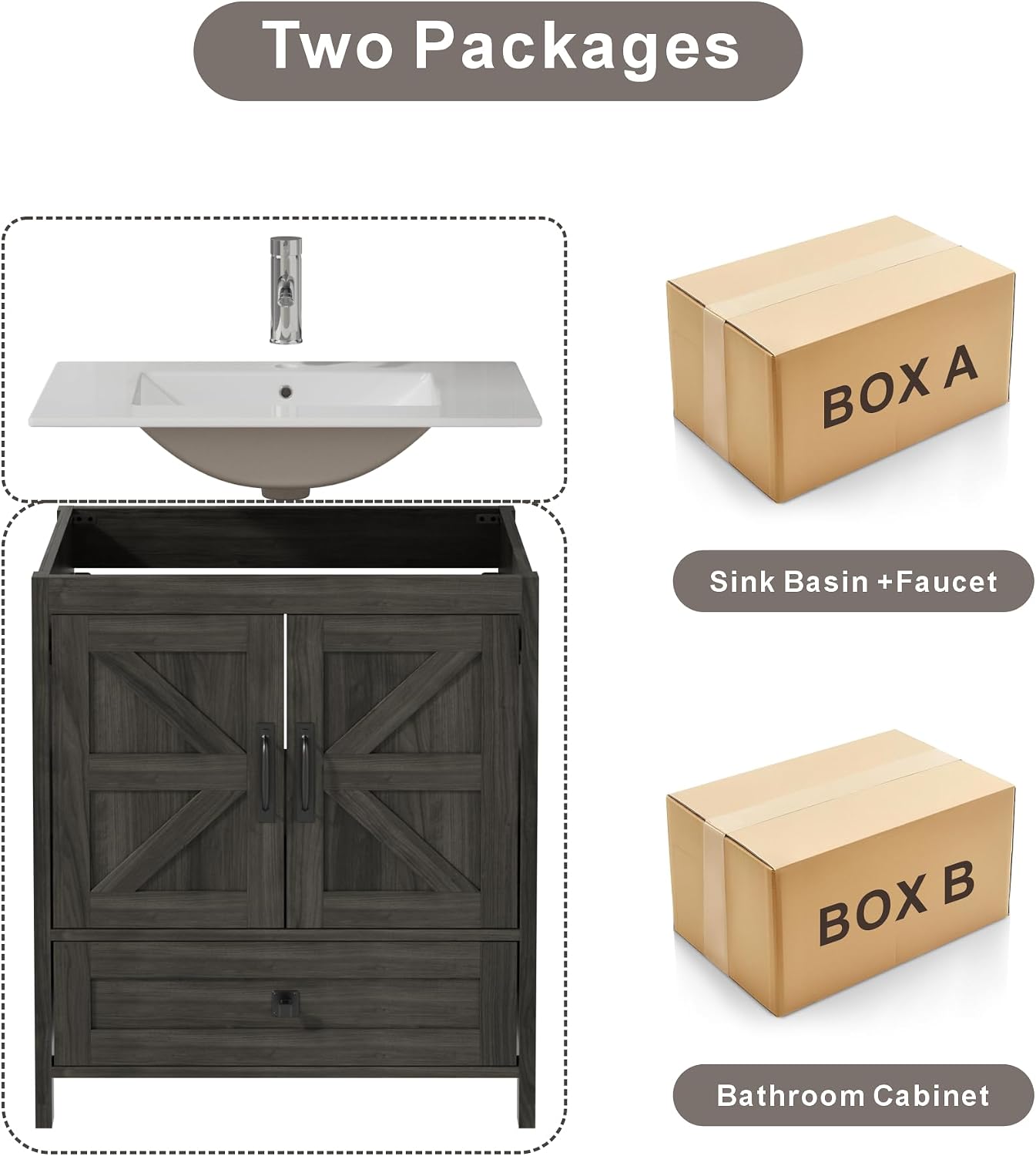 KIGOTY 30 Inch Farmhouse Vanity for Bathroom with Ceramic Sink, Vanity Sink Cabinet with Faucet, Wooden Sink Vanity, Freestanding Bathroom Sink and Cabinet, Bathroom Furniture Set