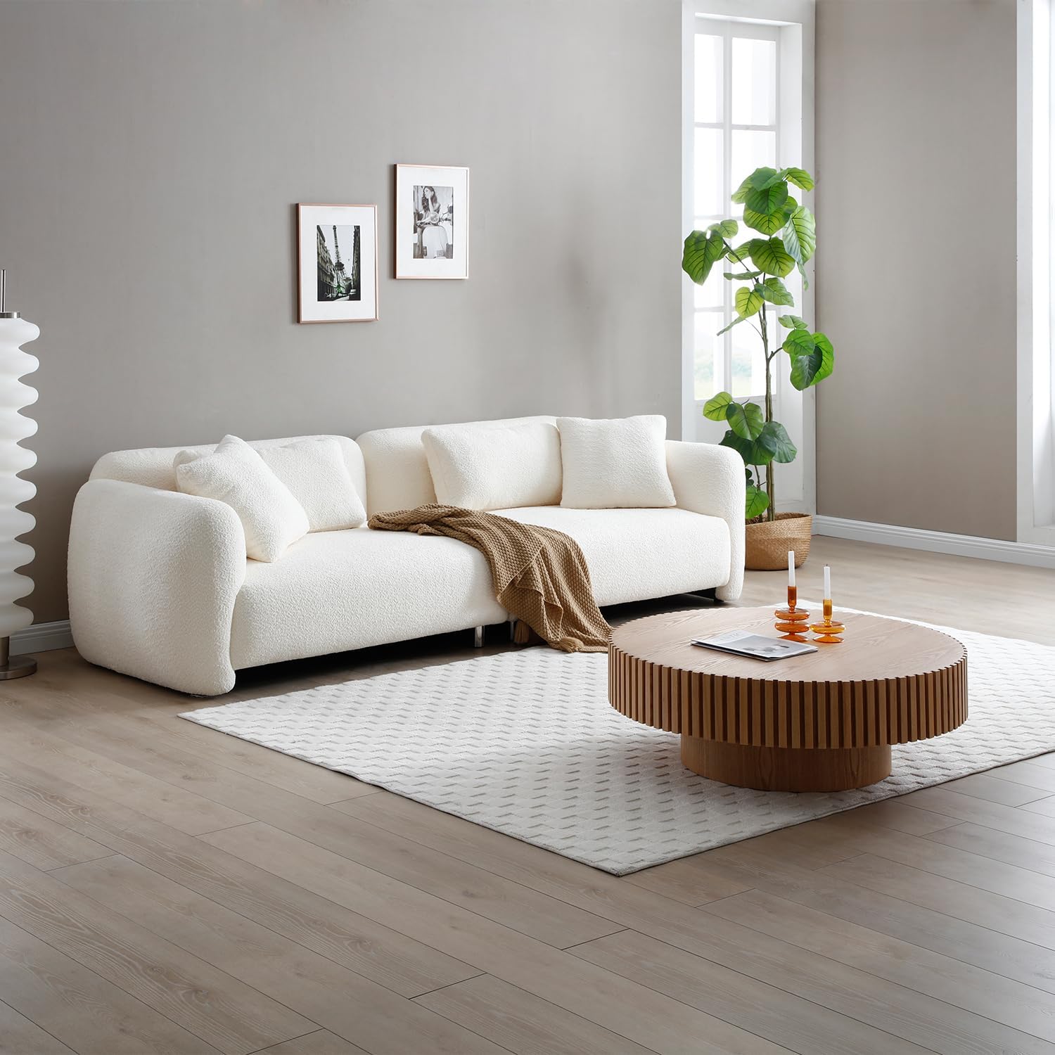 39.37'' Oak Round Coffee Table for Living Room, Modern Wood Contemporary Circle Fluted Drum Style, Easy Assembly, Oak(ø39.37'' x 13.42'')
