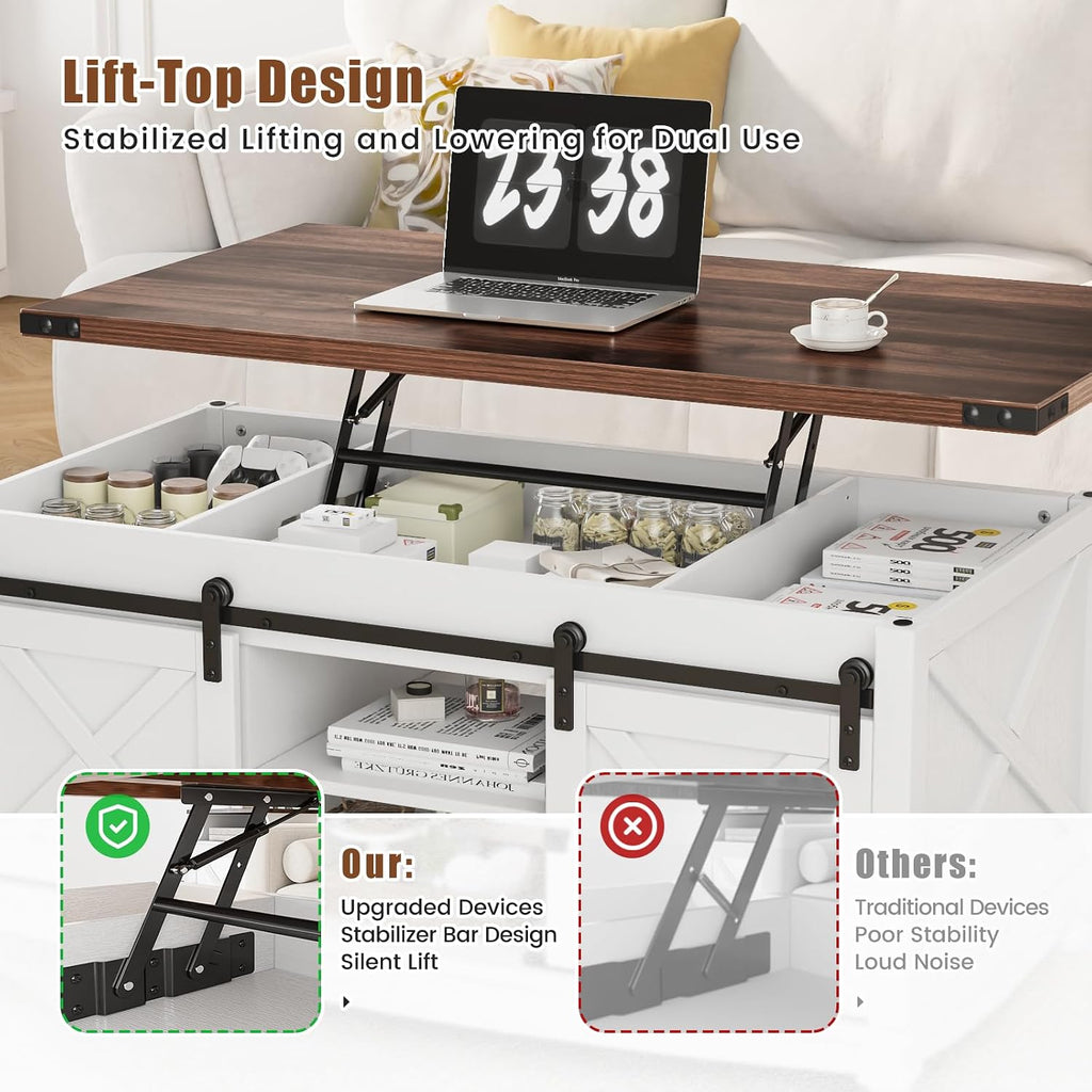 ALLSTAND 48' Farmhouse Lift Top Coffee Table with Storage Sliding Barn Door & Large Hidden Compartment, Coffee Table with Lifting Top with Wooden Lift Tabletop, Coffee Tables for Living Room, White