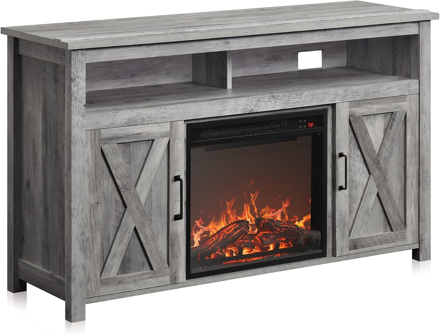 BELLEZE Modern 48' Barn Door Wood TV Stand with 18' Electric Fireplace Heater & Media Entertainment Center Console Table for TV up to 50' with Two Open Shelves and Cabinets - Corin (Grey Wash)