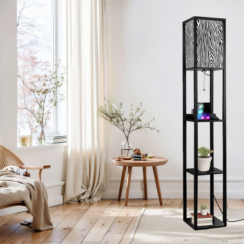 Floor Lamp with Shelves Zebra Print Pattern Standing Tall Lamp USB Ports & Power Outlet Modern Corner Lamp Nightstand Light for Living Room Bedroom