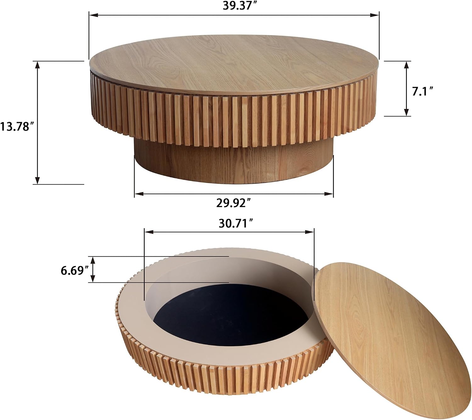 39.37'' Round Coffee Table Modern Wood Circle Fluted Drum Pedestal Coffee Table with Storage Space for Living Room, Easy Assembly, Wood