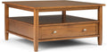 SIMPLIHOME Warm Shaker Square Coffee Table - 36 inch Wide Solid Wood Cocktail Table in Light Golden Brown, Transitional Living Room Table with Large Storage Drawer and Open Shelf for Sitting Area