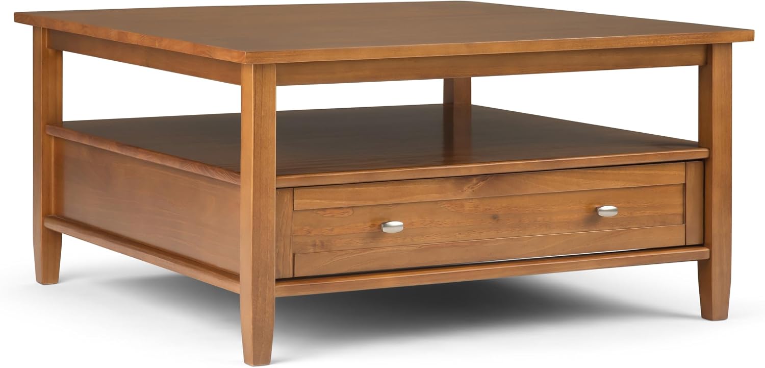 SIMPLIHOME Warm Shaker Square Coffee Table - 36 inch Wide Solid Wood Cocktail Table in Light Golden Brown, Transitional Living Room Table with Large Storage Drawer and Open Shelf for Sitting Area