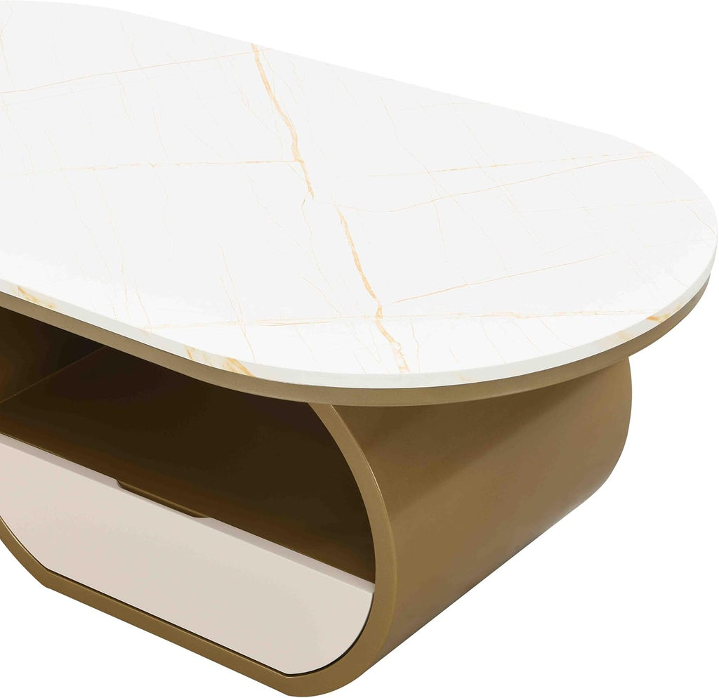 Luxury Gold Oval Coffee Table, 47'' Modern Living Room Table with Storage Drawer, Faux Marble Top MDF, Sturdy Metal Base, Large Center Tables for Home Apartment, White