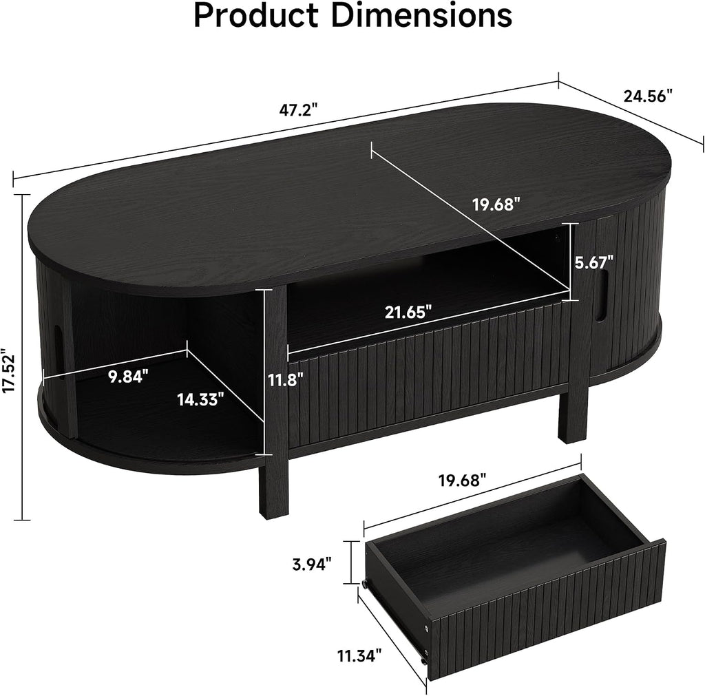 ComfyCorner 47' Oval Coffee Table, Tambour Design Coffee Tables for Living Room, Mid Century Modern Wood Coffee Table, 3-Tier Accent Center Table with Storage, Large Drawer, Black