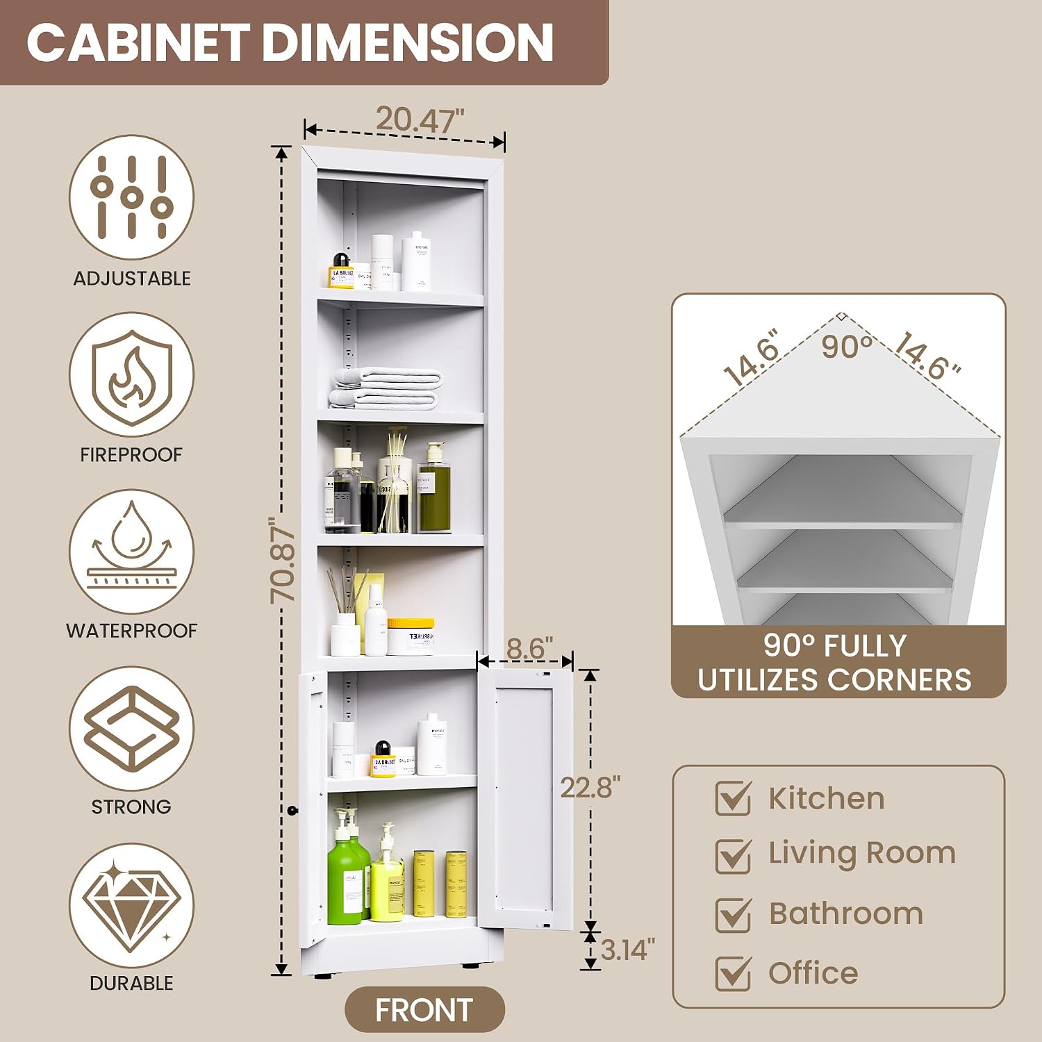Metal Pantry Storage Cabinet with 4 Adjustable Shelves, 71' Tall Corner Cabinet for Bathroom, Corner Shelf Cabinet for Kitchen, Dining Room, Living Room, Assembly Required(White)
