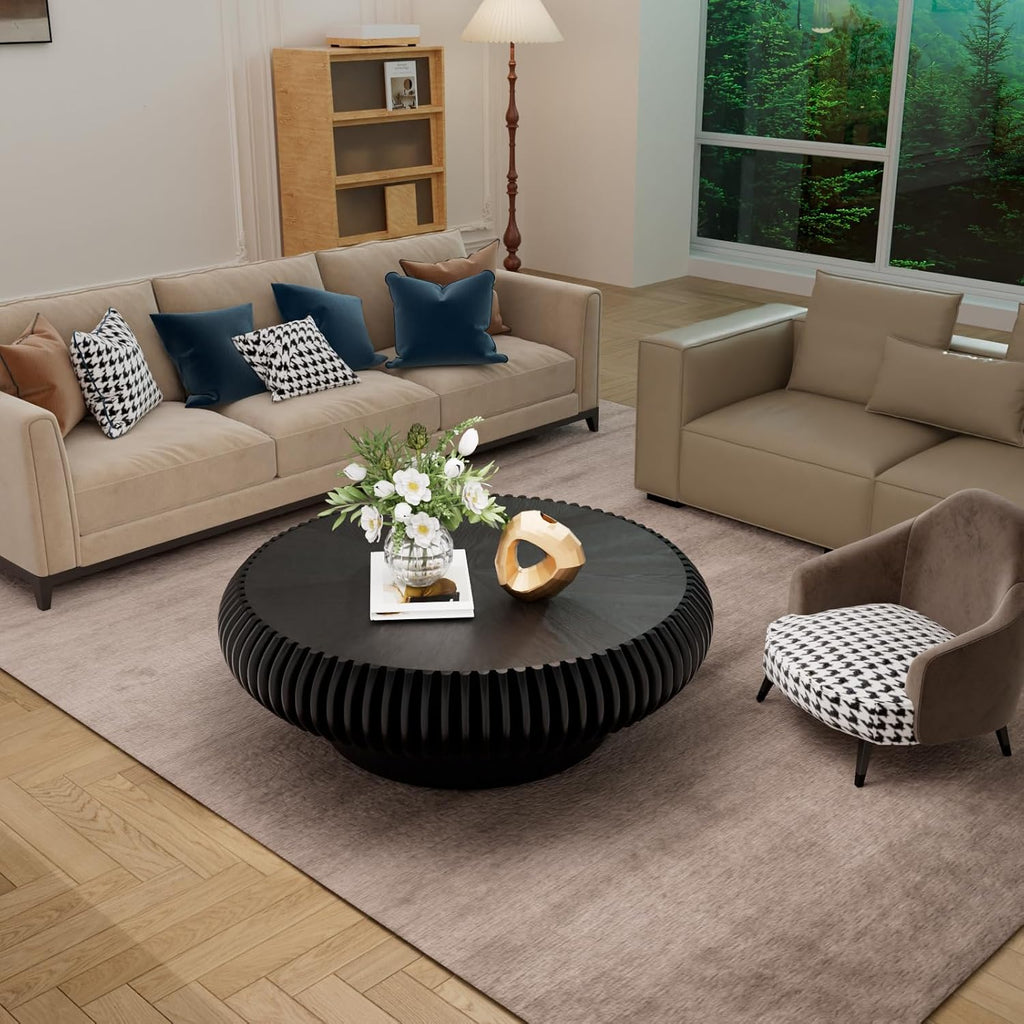 Round Coffee Table for Living Room Modern Black Fluted Coffee Table 39.3 inch Low Round Drum Coffee Tables for Living Room (Black, 39.3')