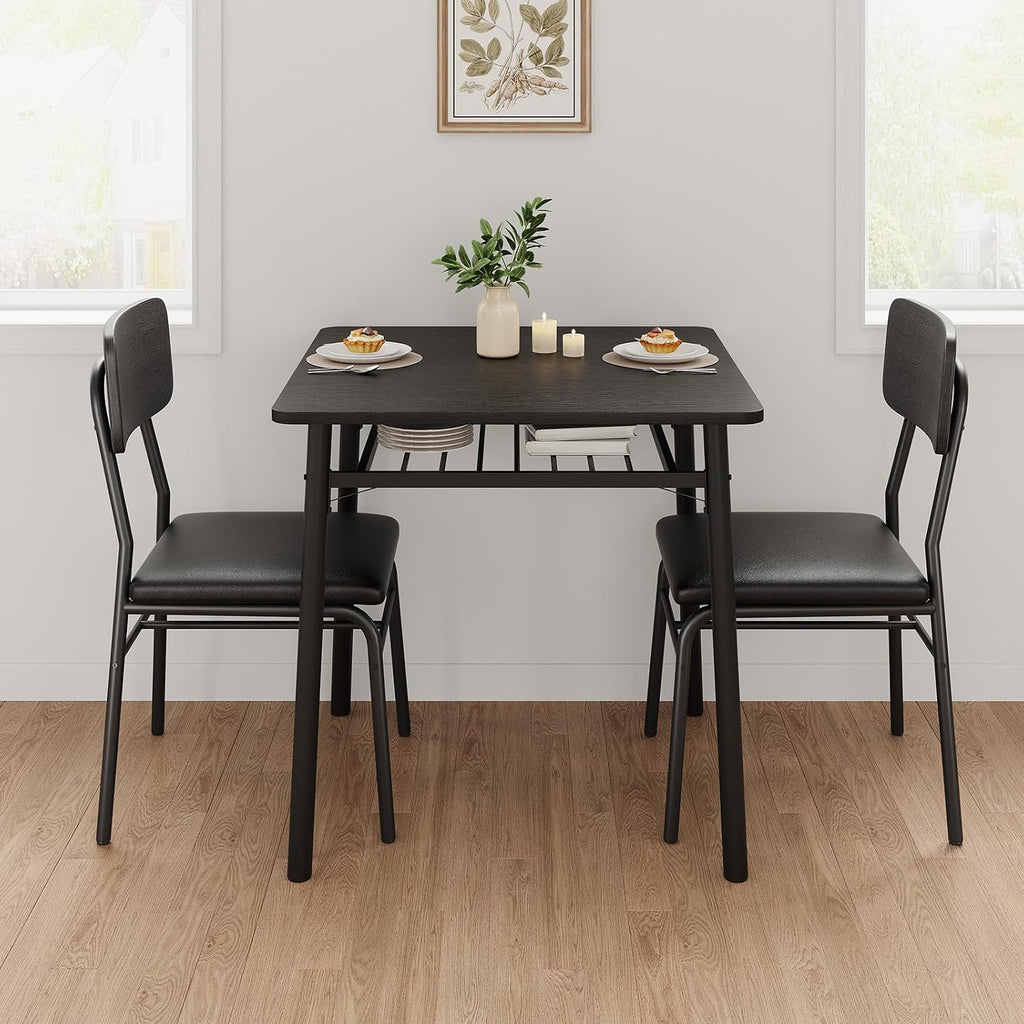 GarveeHome Dining Table for 2 with Storage Rack, Small Kitchen Table for 2 with Metal Frame, Square Table with Upholstered Chairs Set of 2, 3-Piece Dining Room Set for Small Space, Apartment, Black