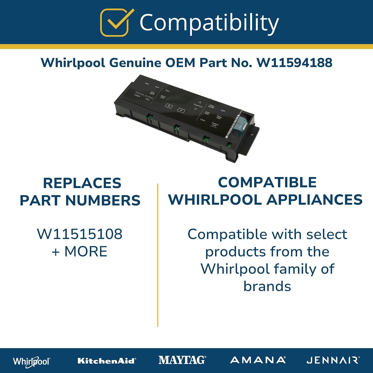 Whirlpool W11594188 Genuine OEM Range Oven Control Board Replacement Part - Replaces W11515108
