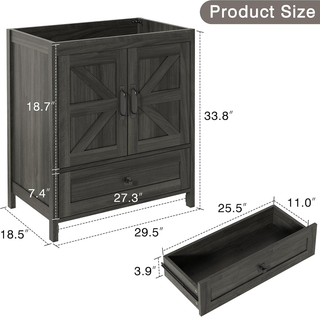 KIGOTY 30 Inch Farmhouse Bathroom Vanity Without Sink, Wooden Bathroom Storage Cabinet Without Countertop, Freestanding Bathroom Cabinet with 2 Doors and 1 Drawer