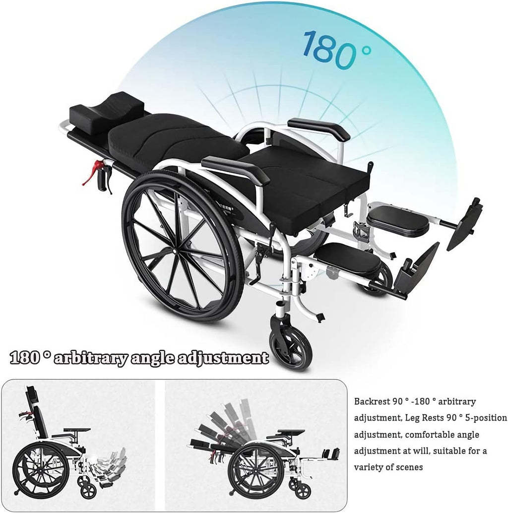 Full Reclining Wheelchair with High Back & Removable Headrest, Lightweight Foldable Manual Wheelchairs with Elevating Leg Rests, Fully Tiltable Scooter for The Disabled with Toilet, 18.5' Seat