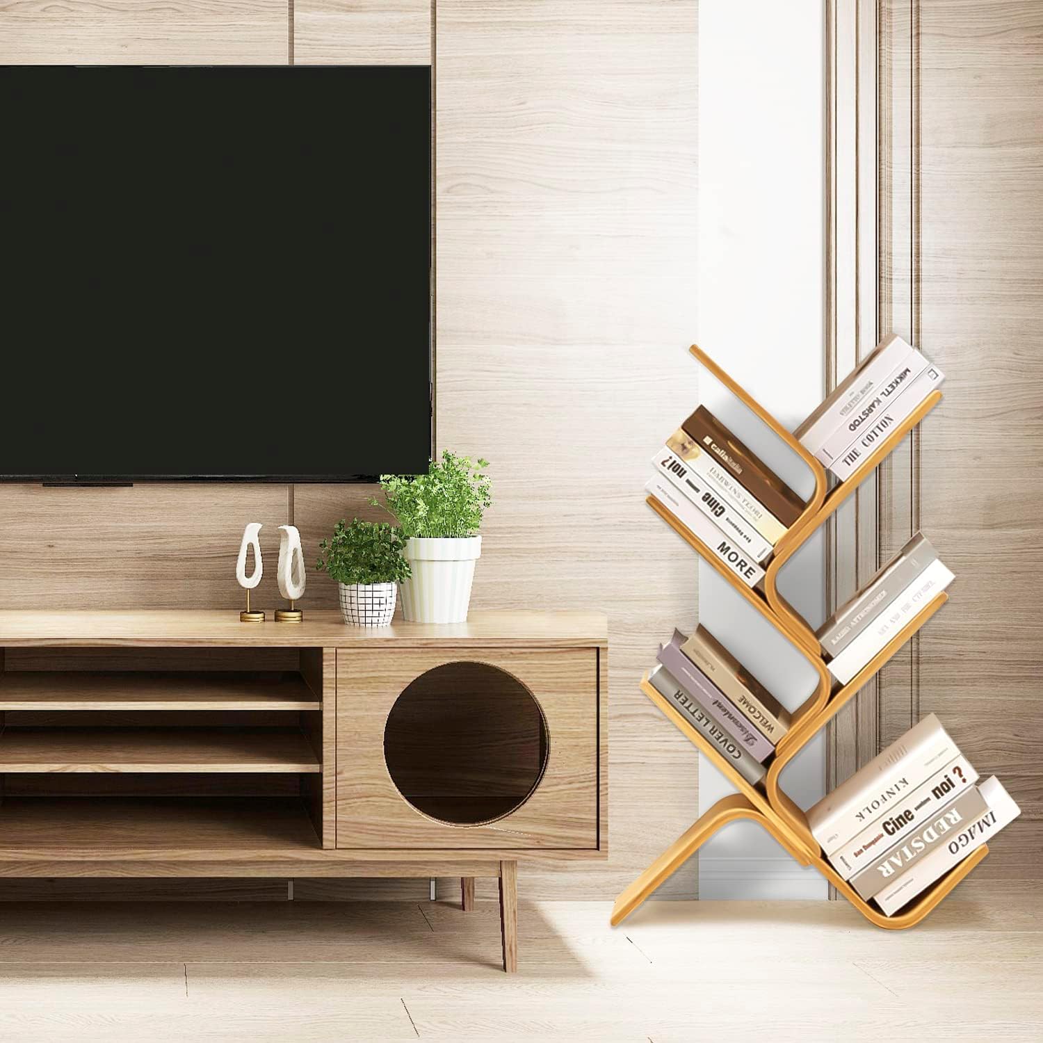 5-Tier Floor Bamboo Tree Bookshelf, Modern Standing Bookcase Office Book Storage Creative Curved Rack Organizer Shelves, Book Shelf Space Saver for Home Living Room Corner Bedroom