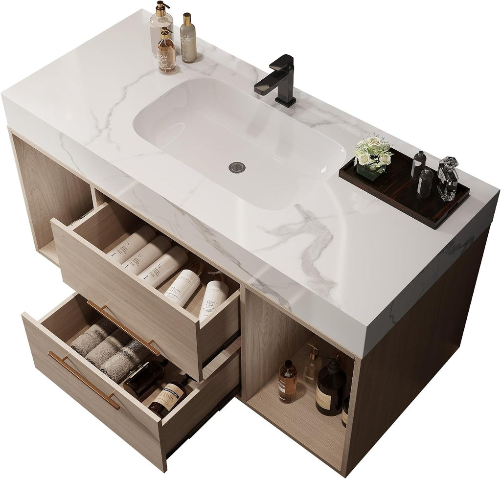 39.4' Bathroom Vanity with Oval Ceramic Sink, Floating Vanity Bathroom Sink Cabinet Wall Mount, Soft-Close Function 2 Large Hidden Drawers & Shelf