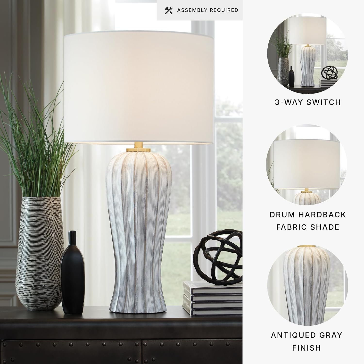 Signature Design by Ashley Lanwell Modern Table Lamp with 3-Way Switch, Polyresin and Drum Hardback Fabric Shade, 17.5' W x 17.5' D x 32' H, Light Gray