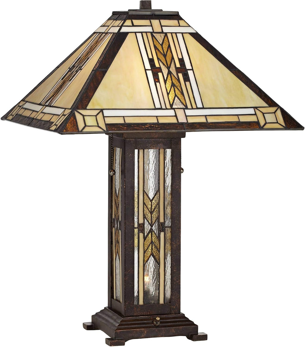 Franklin Iron Works Drake Mission Collection 25 1/2' High Tiffany-Style Farmhouse Rustic Southwestern Table Lamp Night Light Pull Chain Yellow Brown Art Glass Single Living Room Bedroom Bedside
