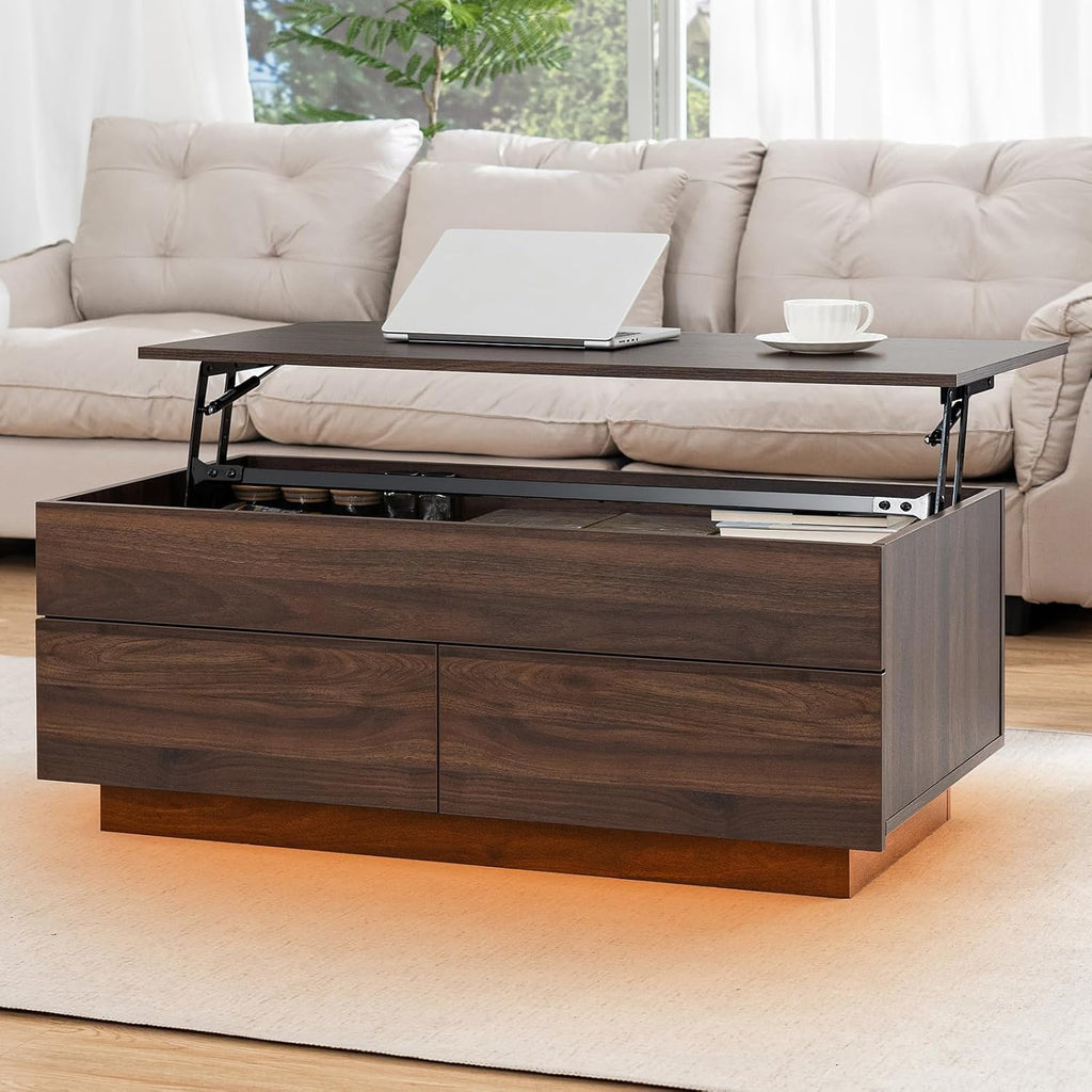 HOMMPA 40'' Lift Top Coffee Table for Living Room, Walnut Coffee Tables with Storage, LED Modern Coffee Table Rectangular Wooden Gloss, Flip Top Center Table with 2 Drawers and Hidden Compartment