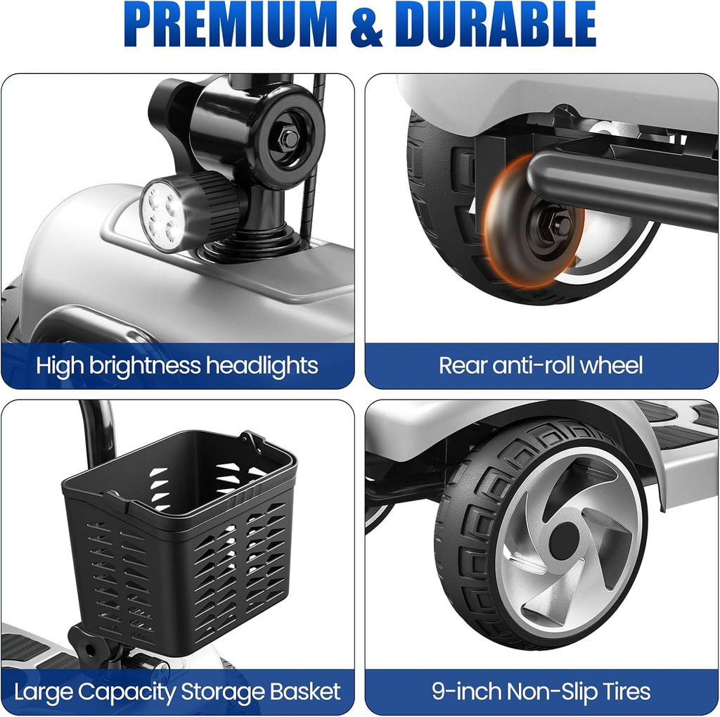 4 Wheel Electric Mobility Scooter for Adults and Seniors, 20 Miles Range Foldable Electric Scooter, Compact Heavy Duty Mobile for Travel with 300 lb Capacity, Powered Electric Wheelchair, Grey