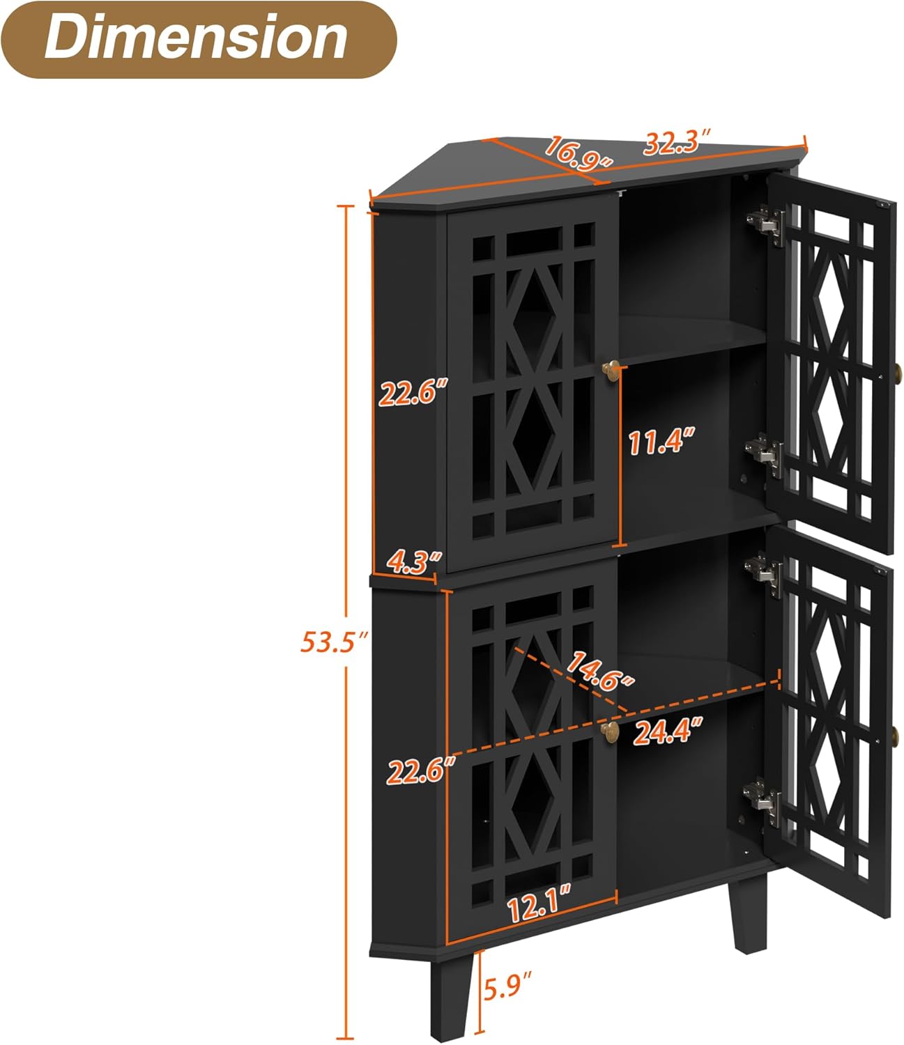 Scurrty Tall Corner Shelf Stand, Large Shelf Corner Table Sideboard Cabinet with 4 Doors and 4-Tier Shelves, Free-Standing Storage Organizer for Living Room, Dining Room & Bathroom (Black)