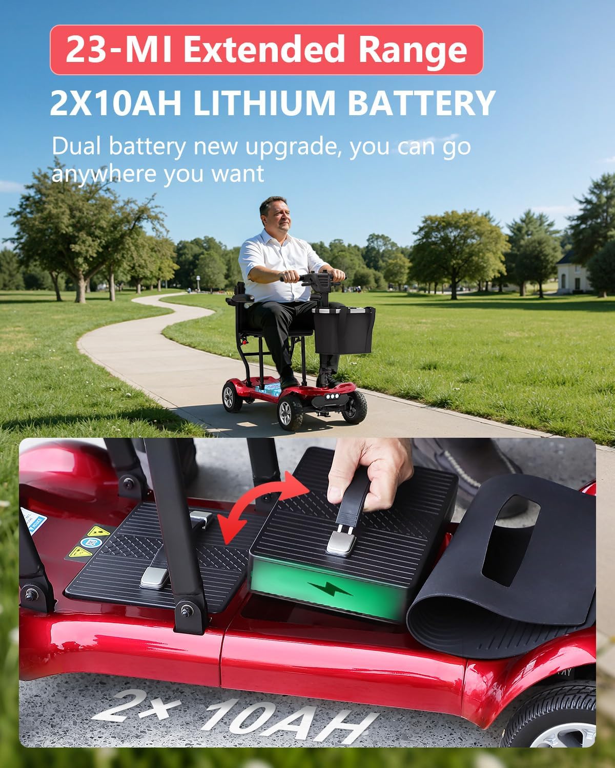Folding Mobility Scooters for Adults Seniors - 23 Miles Long Range Travel Portable Powered 4 Wheel Electric Motorized Scooter, Cruise & Airport Approved, Removable Dual Batteries, 275 Lbs Capacity