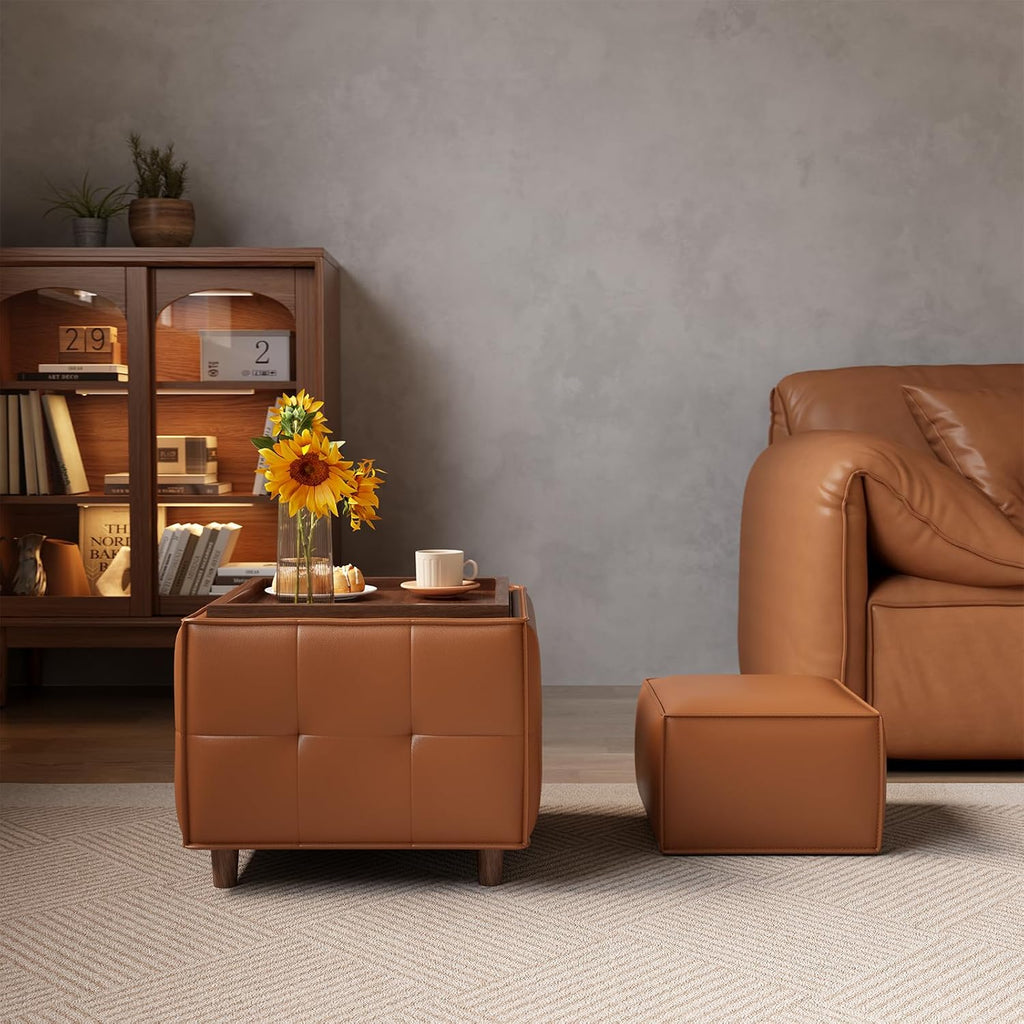 Square Ottoman with Storage Set of 2, Leather Coffee Table Ottoman, Multifunctional Foot Rest Stool with Storage for Living Room & Bedroom