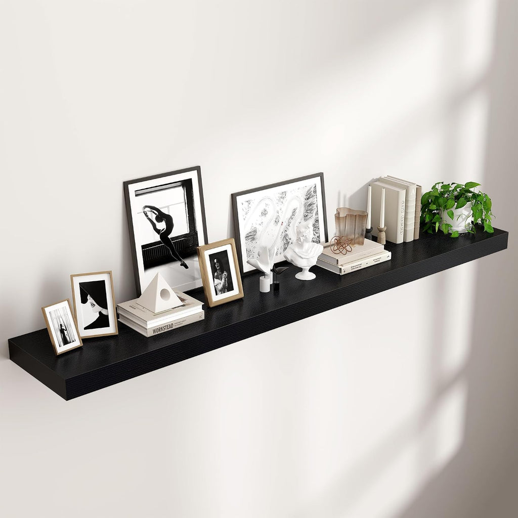 Venusmiles Floating Shelf for Wall 71 inch Long, Engineered Wood Large Wall Shelves with Invisible Brackets for Living Room Bedroom Bathroom Office Kitchen Decor and Storage, Black Finish, Set of 1