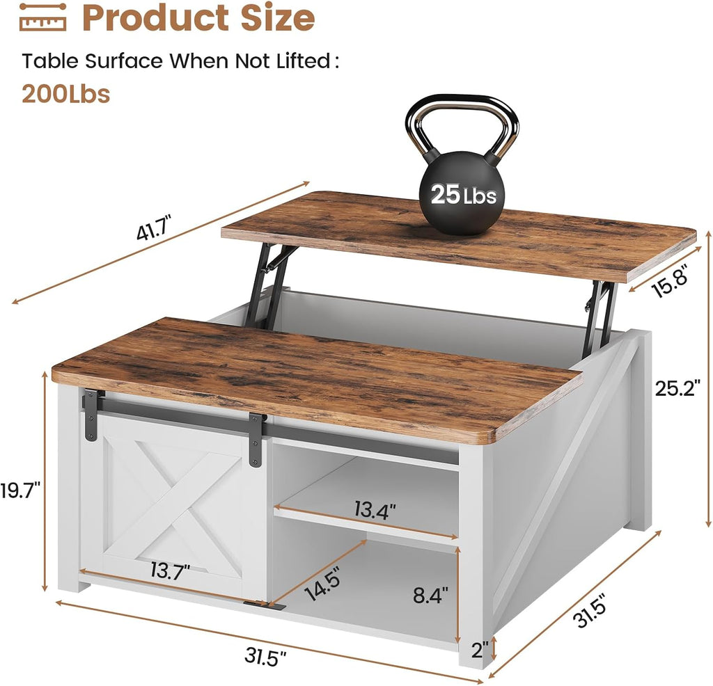 SEDETA 31.5' Lift Top Coffee Table with Storage, Square Coffee Tables for Living Room, Farmhouse Coffee Table with Large Hidden Storage Compartment and Adjustable Shelves, White