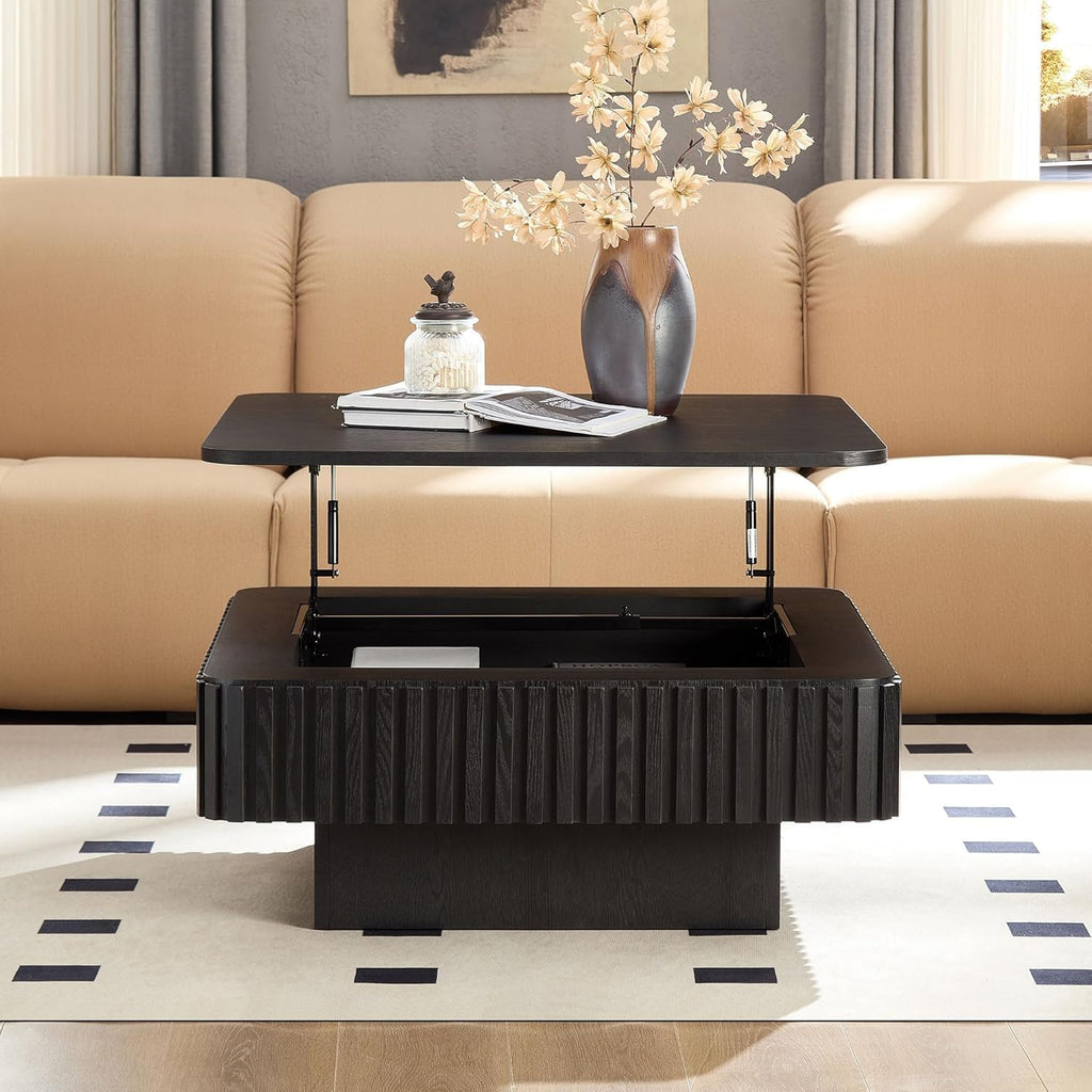 35.43'' Square Coffee Table with Lifting Top for Living Room Lift Top Coffee Table with Storage Larger Fluted Coffee Tables Modern Smart Center Tables for Apartment Black Wood