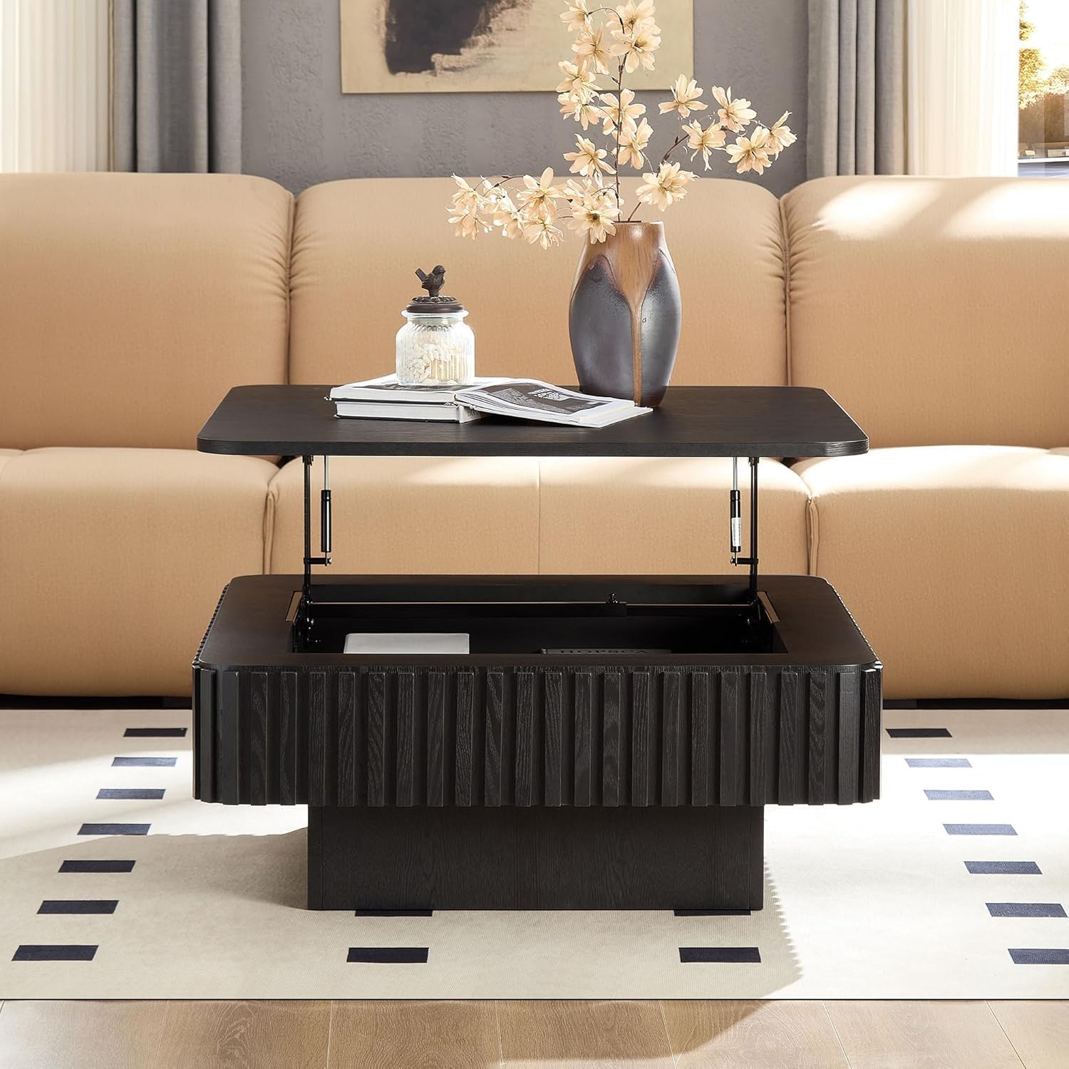 35.43'' Square Coffee Table with Lifting Top for Living Room Lift Top Coffee Table with Storage Larger Fluted Coffee Tables Modern Smart Center Tables for Apartment Black Wood