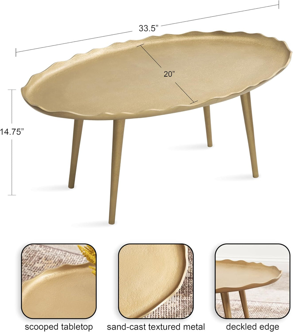 Kate and Laurel Alessia Modern Glam Oval Coffee Table, 34 x 20 x 15, Gold, Metal Living Room Table for Storage and Display with Antique Deckled Edge Detailing