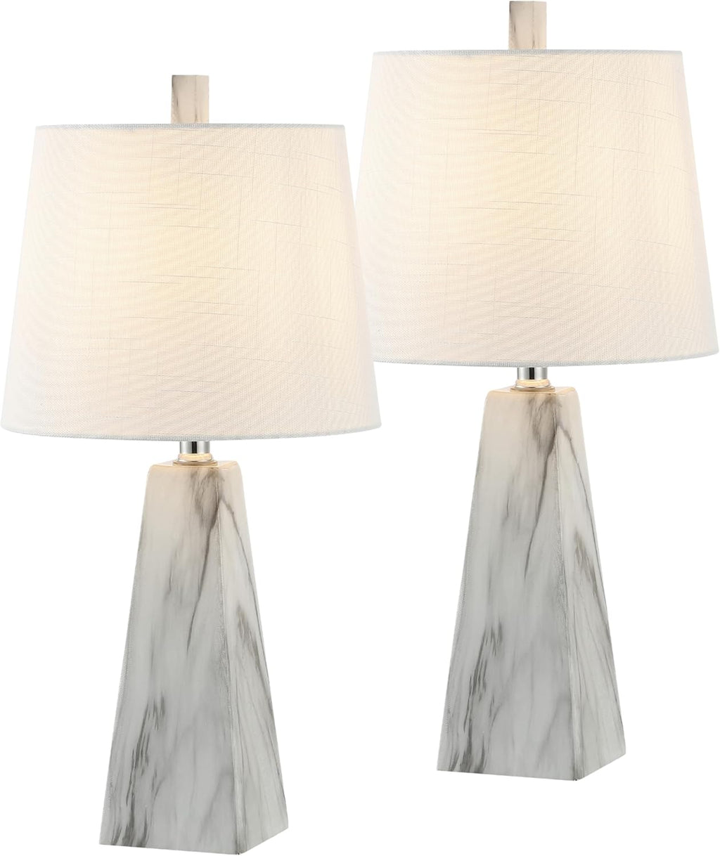 JONATHAN Y 20.5' White Marble Finish Modern Resin Table Lamp for Bedroom Living Room, Contemporary Faceted Bedside Lamp with White Linen Shade, LED Bulb Included (JYL1037A-SET2)