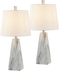 JONATHAN Y 20.5' White Marble Finish Modern Resin Table Lamp for Bedroom Living Room, Contemporary Faceted Bedside Lamp with White Linen Shade, LED Bulb Included (JYL1037A-SET2)