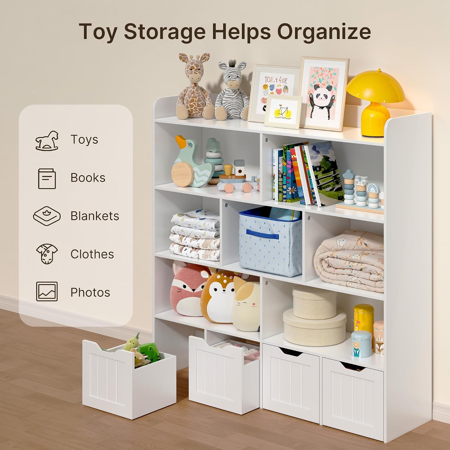 Gizoon Toy Storage Cabinet and Kids Bookcase with 4 Movable Drawers and 8 Open Shelves Toy Chest Shelf Organizer with Hidden Wheels for Playroom Nursery Kids Room, White, Painted